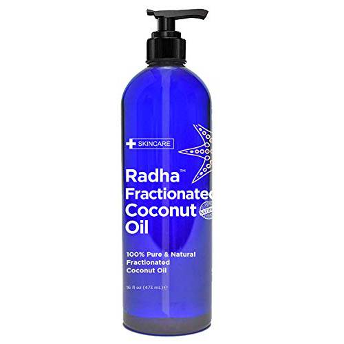 Radha Beauty Fractionated Coconut Oil - 100% Pure & Natural Carrier and Base Oil for Aromatherapy, Hair and Skin - Comes with Pump, 16 fl oz.