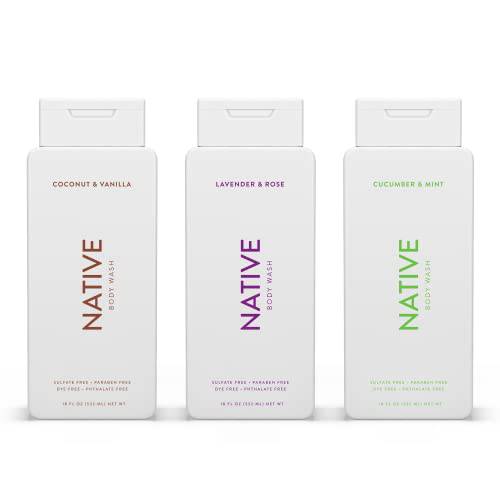 Native Body Wash Natural Body Wash for Women, Men | Sulfate Free, Paraben Free, Dye Free, with Naturally Derived Clean Ingredients Leaving Skin Soft and Hydrating, Coconut & Vanilla, Lavender & Rose, Cucumber & Mint 18 oz - Pack of 3