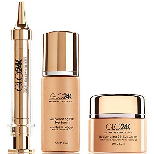 GLO24K Complete Eye Care Set with our 24k Instant Facelift Cream, Eye Cream, and Eye Serum. Formulated to Treat the Delicate Skin around the Eyes.