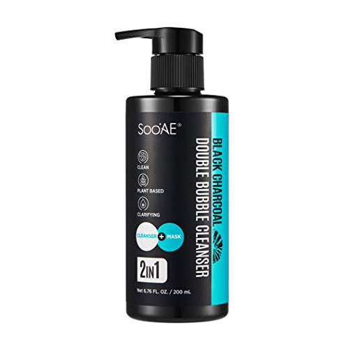 Soo’AE Black Charcoal Double Bubble Cleanser 200mL - Double Cleanse - Oxygen Bubble Mask and Detox Cleansing Foam Cleanser 2 in 1 Great for Men and Women, Charcoal Face Wash