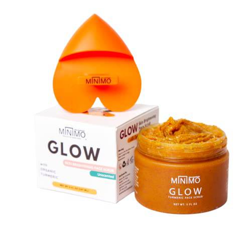 Minimo Glow Skin Brightening Face Scrub for Dark Spots, Heart Applicator Included 5 oz Blemish Treatment & Brush - Helps Improve Appearance of Uneven Skin tone & Scarring from Breakouts - No Mix, Ready to Apply (Citrus Peach)