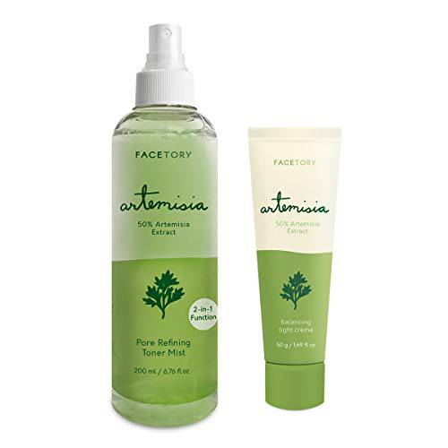 FaceTory Artemisia Set with 3 Sheet Masks, 1 Cream, 1 Toner/Mist - Great for Sensitive, Acne-Prone Skin Types - Hydrating, Calming, Soothing, Redness Relief