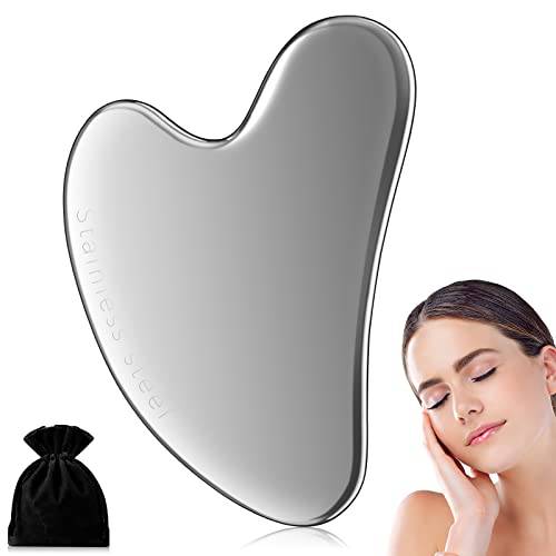 Gua Sha Facial Tool, Stainless Steel GuaSha Massage Tool Natural Universal Facial Beauty Silver Metal Gua Sha Board for SPA Acupuncture Tighten Skin Scraping Massage Tool for Face with Travel Pouch