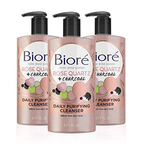 Bioré Rose Quartz + Charcoal Daily Face Wash, Oil Free Facial Cleanser Energizes Skin, Dermatologist Tested and Cruelty Free, 6.77 Ounces (Pack of 3)