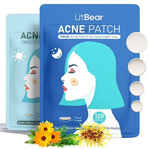 LitBear Acne Pimple Patches- Day and Night 4 Sizes 180 Dots Thin & Thick Hydrocolloid Patches with Witch Hazel, Tea Tree & Calendula Oil, Extra Adhesion Pimple Patches for Face Zit Patch Acne Dots