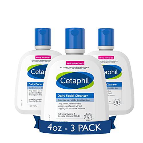 Face Wash by CETAPHIL, Daily Facial Cleanser for Sensitive, Combination to Oily Skin, NEW 4 oz 3 Pack, Gentle Foaming, Soap Free, Hypoallergenic