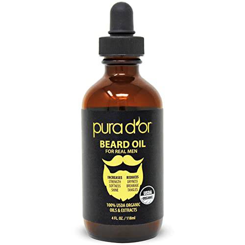 PURA D’OR Organic Beard Oil (4oz / 118mL) 100% Pure - USDA Certified - Natural Leave-In Conditioner, Argan & Jojoba Oil - Mustache Care & Maintenance, Increase Softness & Strength (Packaging may vary)