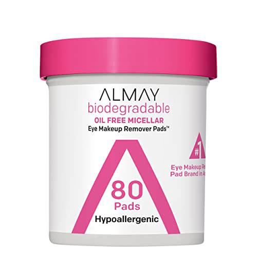 Makeup Remover Pads by Almay, Biodegradable Oil Free Micellar, Hypoallergenic, Cruelty Free, Fragrance Free Cleansing Wipes, 80 Pads (Pack of 1)