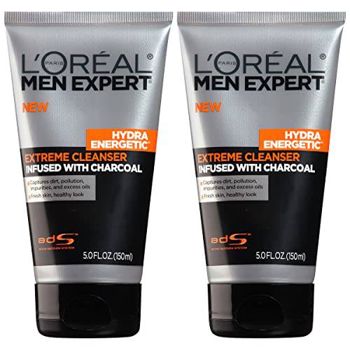 L’Oreal Men Expert Hydra Energetic Facial Cleanser with Charcoal for Daily Face Washing, Mens Face Wash, Beard and Skincare for Men, 2 ct.