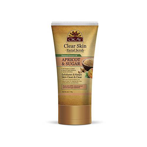 OKAY CLEAR SKIN APRICOT and BROWN SUGAR FACIAL SCRUB Helps Clear Blemishes,Minimize Pores,Leaves Skin Smooth Alcohol,Sulfate,Paraben Free Made in USA 6oz