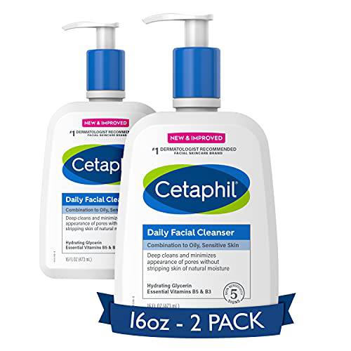 Face Wash by CETAPHIL, Daily Facial Cleanser for Sensitive, Combination to Oily Skin, NEW 16 oz 2 Pack, Gentle Foaming, Soap Free, Hypoallergenic