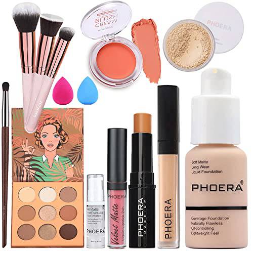 PHOERA Foundation Makeup set, PHOERA Eyeshadow Palette, PHOERA Primer, PHOERA Powder, PHOERA Concealer, PHOERA Contour, PHOERA Blush, PHOERA Lipstick, Foundation Brush Powder Concealers Brush Makeup