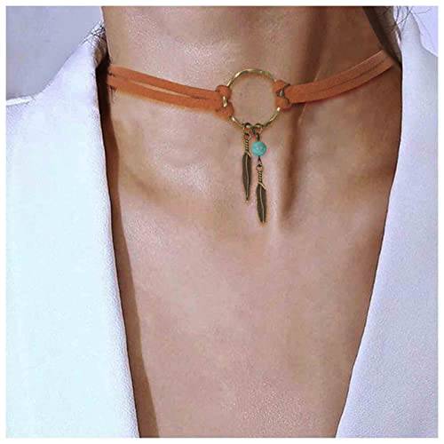 Yheakne Boho Layered Suede Choker Necklace Tiny Leaf Pendant Necklace Chain Brown O Ring Leather Choker Necklace Turquoise Bead Necklace Chain Jewelry for Women and Girls