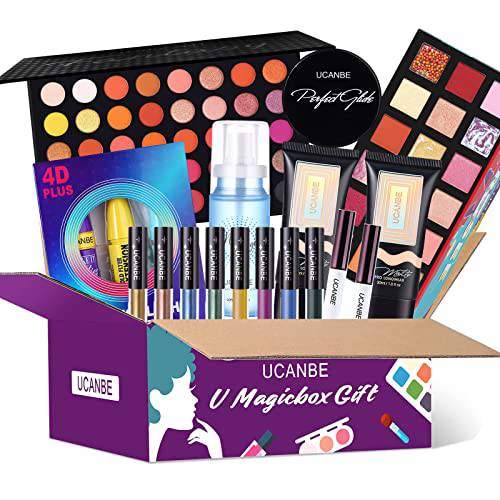 Makeup Gift Sets For Women Make Up Box Include - Eyeshadow Makeup Palette + Mascara + Eyeliner Pen + Liquid Eyeshadow + Foundation + Setting Spray All In One Makeup Set