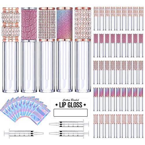 50 Pack Diamond Lip Gloss Tubes with Wand 5ml Empty Rhinestone Lip Gloss Containers Lipgloss Bottles Crystal Lip Gloss Supplies Kit + 3pcs Syringes 10pcs Gift Bags + Labels for DIY Lip Gloss Base