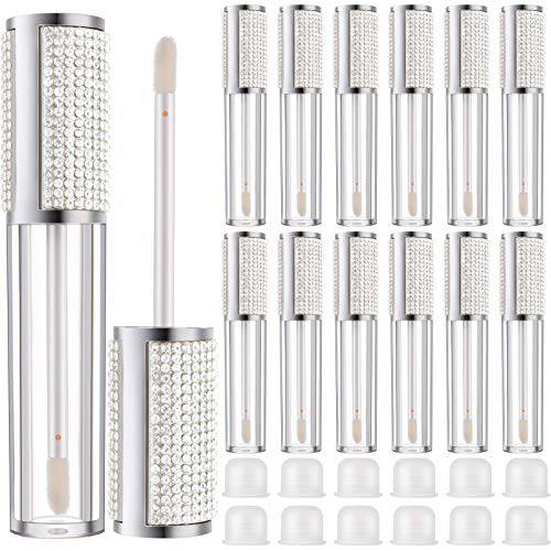 12 Pieces Crystal Rhinestone Lip Gloss Tubes Empty Lip Gloss Bottles Refillable Rhinestone Lip Gloss Container Lip Balm Tubes Plastic Cosmetic Bottles with Rubber Inserts, 5 ml (Silver)