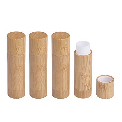 Natural Bamboo Lip Balm Tubes,5.5g Empty Refillable DIY Lipstick Tube Holder Deodorant Case For Cosmetic Lipstick Lip Gloss Containers with White PP Plastic Inner,BPA Free-Pack of 4