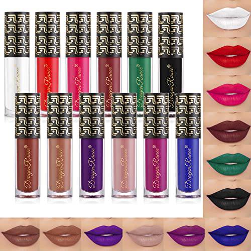 12Pcs Dark Liquid Lipstick Matte Sets, 24-Hour Smudge Proof Long Lasting Matte Lipstick Lip Stain Lip Gloss Set-White/Red/Vampire/Green/Black/Chocolate/Purple/Nude/Blue