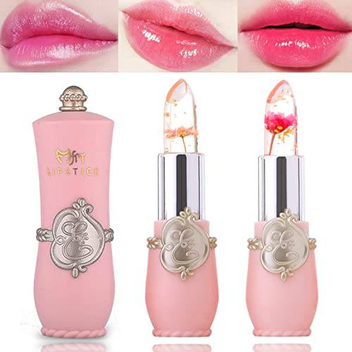 2 Pack Crystal Flower Jelly Lipstick,Magic Color Changing Lipstick,PH Clear Temperature Color Changing Lip Gloss,Lip Balm,Long Lasting Nourishing Moisturizing Lip Stick Set(Set A)