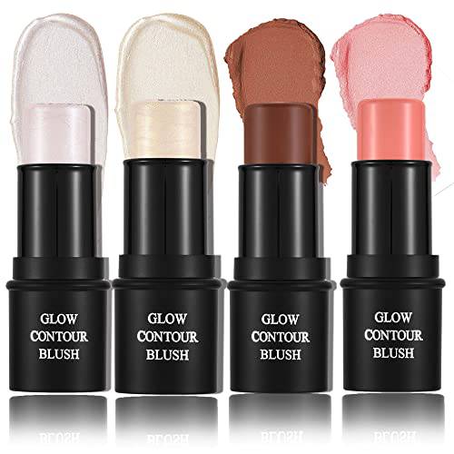 CCbeauty Contour Highlighter Bronzer Blush Multi Stick, Cream Shimmer Highlight Bronze Blushes Sticks, Face Eye Brighten Contouring Shaping Shimmer Stick Set, Professional Facial Makeup Kit, Mothers Day Gifts Sets for Her Girls Women, 4Pcs