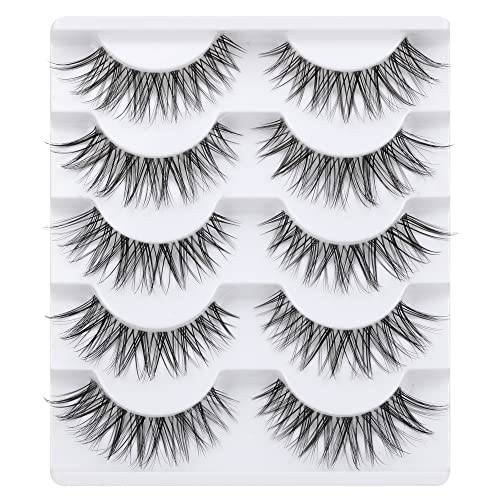 Lanflower Eyelashes Cat Eye Natural Look False Lashes Clear Band 3D Curl Soft Wispy Fake Lashes Pack 5 Pairs