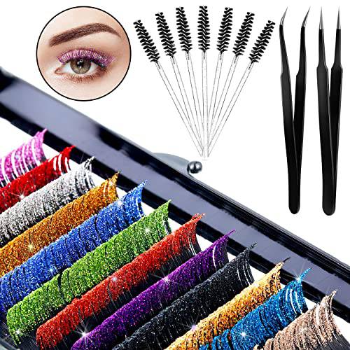12 Colored Glitter Lash Extensions Fan Volume Lashes Colored Individual Eyelash Extension Self Fanning Eye Lash Tray with 12 Disposable Eyelash Brush and 2 Lash Tweezers, 14-19 mm (0.18D)
