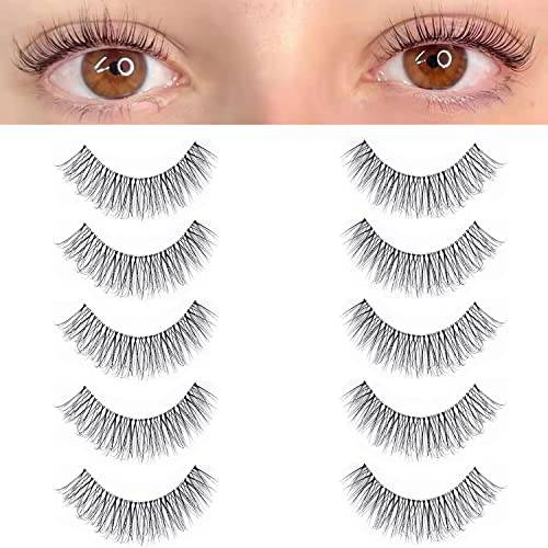 DZANIK Clear Band Natural Wispy Lashes, 8-14mm C Curl 3D Strip Lashes that Look Like Extensions Soft Faux Mink Eyelashes, Reusable,False Lashes Easy to Apply - 5 Pairs (DZ04)