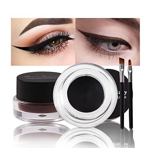 2 in 1 Black and Brown Gel Eyeliner and Eyebrow Cream Set Water Proof,Last for All Day Long, Work Great with Eyebrow, 2 Pieces Eye Makeup Brushes Included