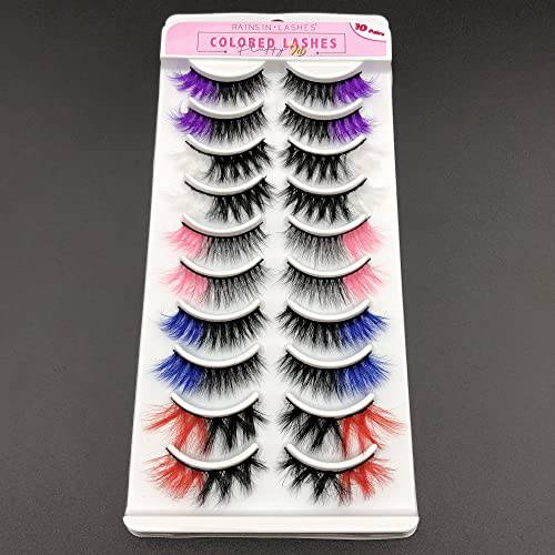 Glitter Lashes Colorful Eyelashes Fluffy Dramatic Cosplay Makeup Pink 3d Long 25mm Coloerd Lashes White Faux Mink Eyelashes Halloween Lashes with Color 7 Pairs Two Tone Color Mink Eyelashes Set