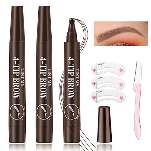 3Pcs Brow Pencil,Eyebrow Tattoo Pen,Long Lasting Waterproof Microblading Eyebrow Pencils,Brow Pen,with Eyebrow Trimmer,3 Eyebrow Models,for Creating Easy Natural Brows (Dark Brown)