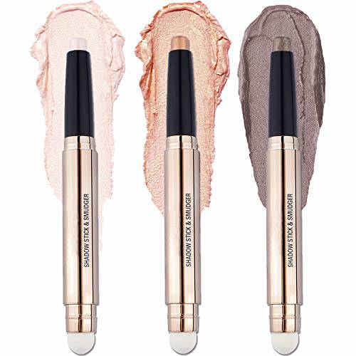 CCbeauty 2-IN-1 Eyeshadow Shimmer Sticks for Eyes, Cream Eye Shadow Crayon Pen with Smudger, Hypoallergenic Waterproof Eye Liner Makeup, Shiny Gold,Champage,Smoky Cocoa for Eyes Brightener, 02