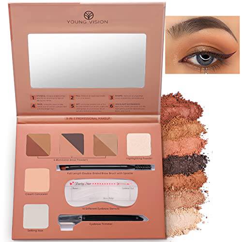 YOUNG VISION Eyebrow Powders Palette With Mirror, 6 Brows Colors With Stencils, Highlighter Powder, Cream Concealer, Styling Wax, Eyebrow Trimmer, And Brow Brush & Spoolie Duo