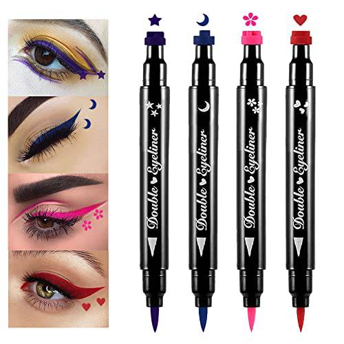 evpct 4 in 1 Stars Flowers Hearts Moon Face Stamps Eyeliner Makeup Set,Purple Blue Red Pink Star Heart Colored Liquid Winged Eyeliner Stamps Wingliner Star Shapes Eye Liner Wing Eyeliner Stamp Tool 2