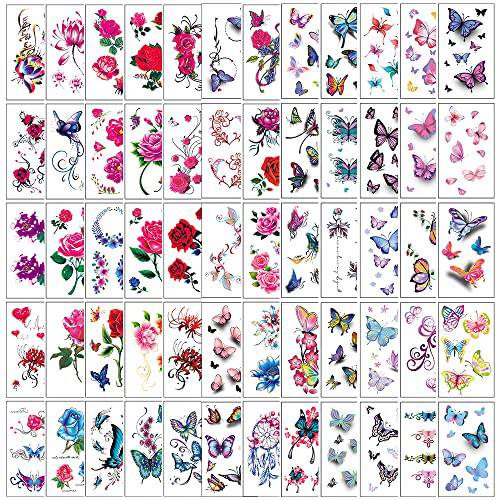 60 Sheets Temporary Tattoos Flower Tattoos Butterfly Tattoos Words Lines Tatoos for Adults Men and Women