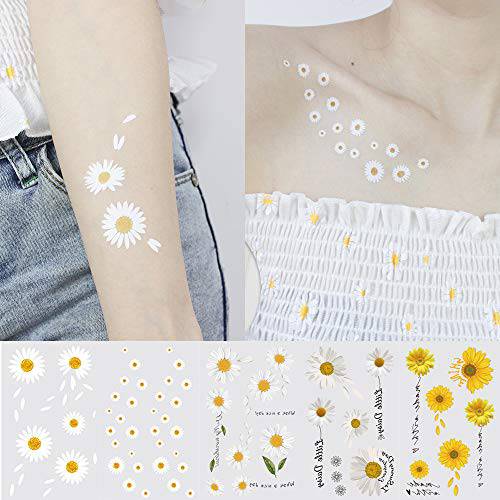 12 Sheets Daisy Tattoo, Summer Flower Temporary Tattoo Sticker for Women Lady Girls, Body Art on Arm Shoulder Wrist Face Clavicle