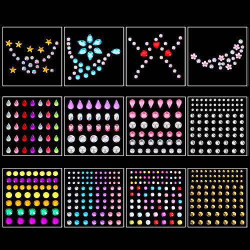 12 Sheets Eye Face Body Nail Jewels, Self-Adhesive Rhinestone Stickers Stick on Gems for Makeup Crafts Festival Accessory Decoration