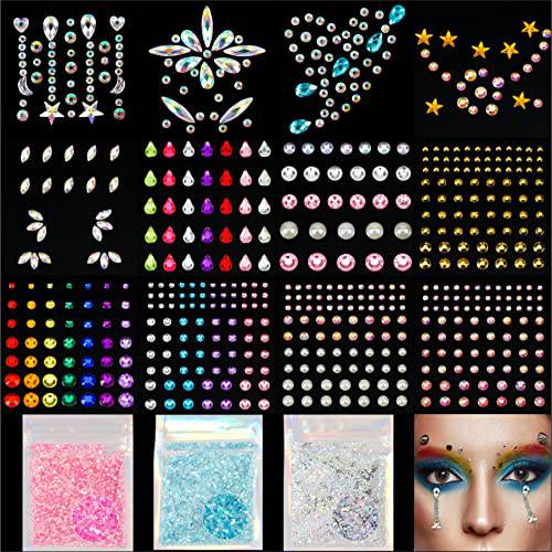 12 Sheets Face Eye Jewels Gems+15g Chunky Glitter For Euphoria Clothes Outfits-Nail Face Eye Hair Gems Rhinestones Stickers Glitter Body Makeup Stick On Rave Festival Accessories Costume For Women