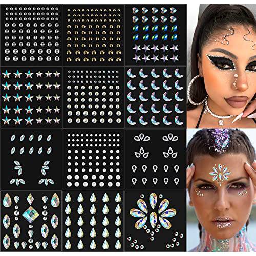 12 Sheets Self Adhesive Rhinestones for Makeup Eyes Face Jewels Gems Face Gems Stick on Rave Festival Accessories Costume For Women Bling Hair Rhinestone Stickers