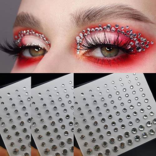 Eye Body Face Gems Jewels Rhinestone Stickers Acrylic Self Adhesive Crystal White Makeup Diamonds Face Tattoo Stick Gems for Women Festival Accessory DIY Crafts and Nail Art Decorations 3 Sheets