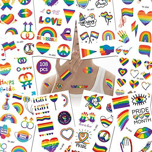 TATUWST pride temporary tattoo -108 Styles Waterproof Decorations rainbow Love Stripes Art Favor Parade Party Celebration Personality Decoration Party Supplies Women Men Body Painting Stickers