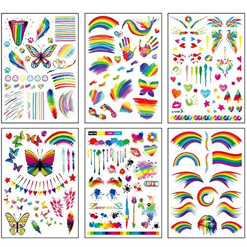 Gay Pride Temporary Tattoos LGBT Rainbow Gay Pride Flag Stickers Tattoo 6 Sheets Over 150+ Design Festival Body Paint Art Tattoo for Gay Pride Party Accessories Decorations