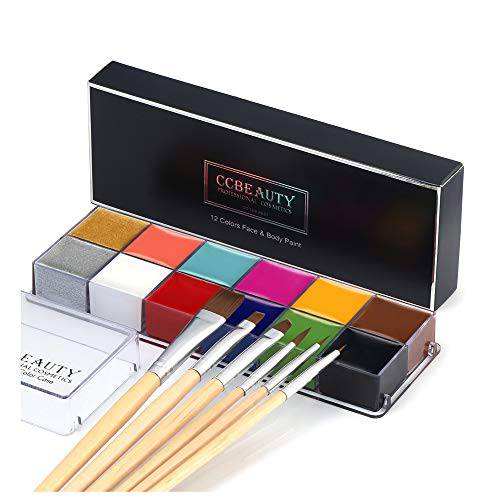 CCbeauty Professional 12 Colors Face Body Paint Kit Oil Non Toxic High Pigment Cream Painting Palette for Kit Halloween Costume Fancy SFX Cosplay Stage Makeup Set with 10 Wooden Premium Brushes, Deep