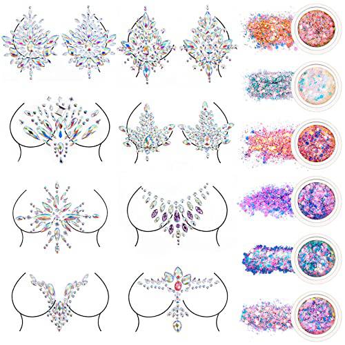 8 Pieces Halloween Breast Jewels Tattoo Body Gems Rhinestone Chest Sticker with 6 Boxes Chunky Holographic Face Hair Glitter Crystals Face Stickers Jewels for Rave Festival Makeup(Vivid Style)