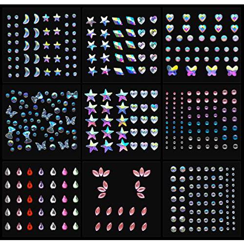 Le Fu Li 9 Sheets Eye Body Face Gems makeup gems Jewels Rhinestone Stickers Self Adhesive Crystal Rainbow Makeup Diamonds Face Stick Gems for Women Festival Accessory and Nail Art Decorations…
