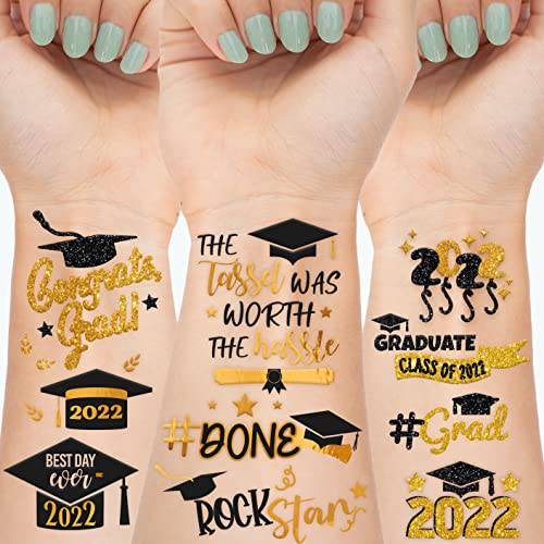 Graduation Party Supplies 80pcs Temporary Tattoos, Gold & Black Glitter+ Metallic Style Congrats Grad Party Favors Class 2022 Tattoos. Graduation Cap Tassel Gift Decor