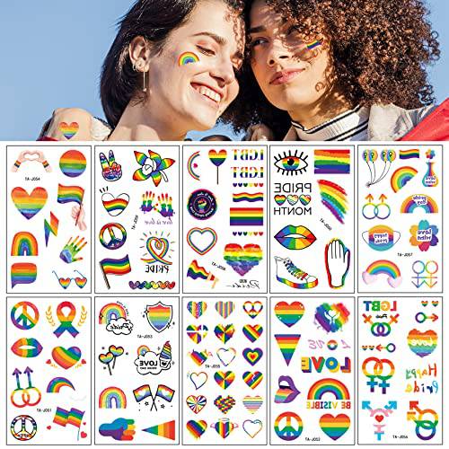 Zalmoxe 90+PCS Pride Day LGBT Rainbow Tattoos Stickers, Gay Pride Accessories for Adult, Heart Shape Stripes Temporary Tattoos Decorations, Parades Celebrations Festival Party Supplies 10Sheet