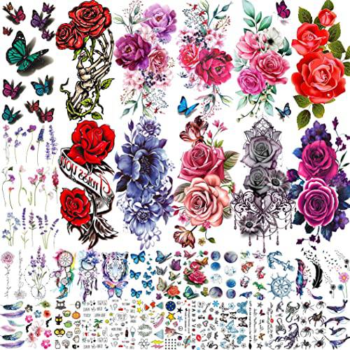 Shegazzi 38 Sheets Peony Rose Flower Temporary Tattoos For Women Adults Thigh, 3D Butterfly Lavander Fake Tattoos Girls Arm Sleeve, Realistic Watercolor Floral Temp Tattoo Sticker Finger Neck Tatoos