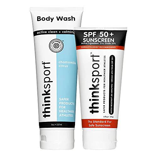 Thinksport Sunscreen & Body Wash Bundle – 1x Thinksport SPF 50+ Water Resistant Mineral Sunscreen with UVA/UVB Sun Protection (6oz) and 1x Thinksport Body Wash (8oz)