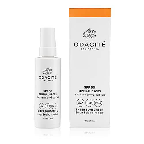 Odacite Skin Care - Face Sunscreen SPF 50 Sheer Mineral Drops, Niacinamide and Green Tea - Lightweight Non-Greasy Cream is Anti-Aging & Broad Spectrum Protection for Mature & Sensitive Skin - Fragrance-Free, 1 Fl Oz