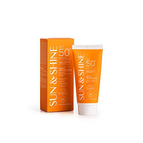 SUN & SHINE MINERAL SUNSCREEN LOTION: SPF50 Broad Spectrum UVA UVB, Face Neck Protection, Sunburn Cream Zinc Oxide, Sensitive Skin, 1.7 Oz